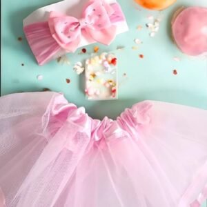 Saia Tule + Tiara Rosa Bebê