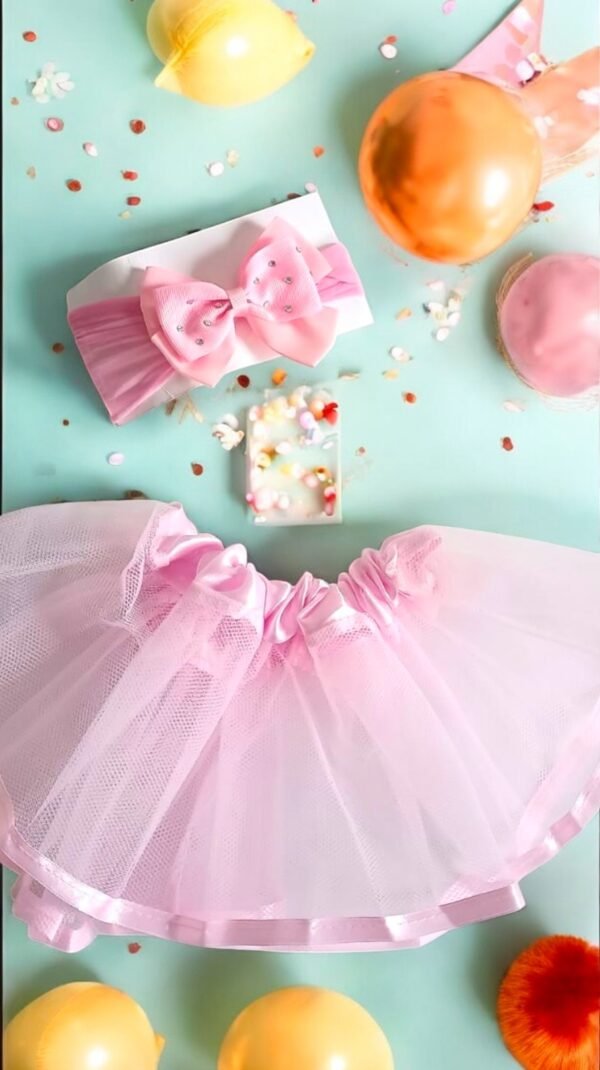 Saia Tule + Tiara Rosa Bebê