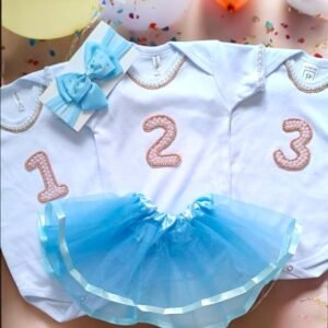 Kit Body Mêsversário Menina 1º ao 3º mês + saia tule + tiara