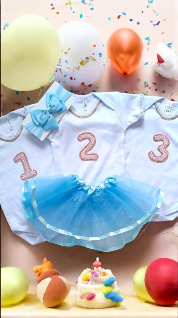 Kit Body Mêsversário Menina 1º ao 3º mês + saia tule + tiara
