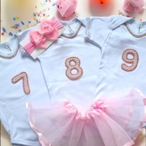 Kit Body Mêsversário Menina 7º ao 9º mês + saia tule + tiara.
