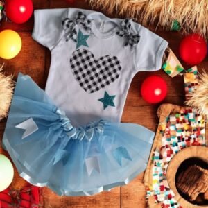 Kit Body Menina Festa Junina Coração Preto + saia tule + tiara